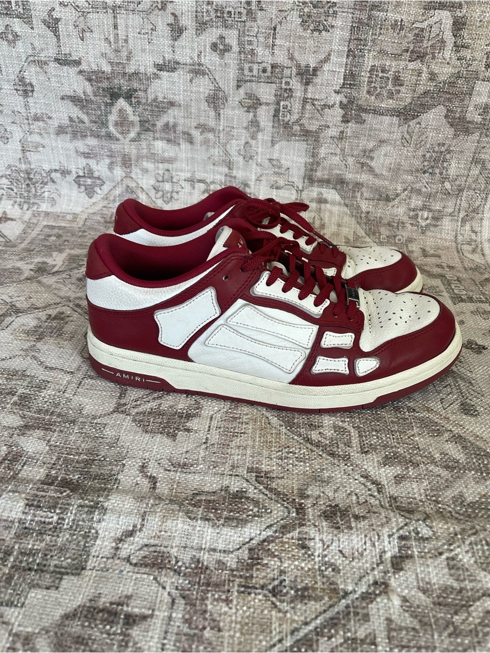 AMIRI Skel Low Top Burgundy and White Sneakers with Contrast Paneling